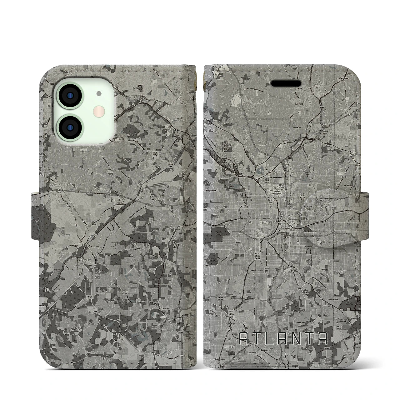 【アトランタ(アメリカ)】地図柄iPhoneケース(手帳タイプ)モノトーン・iPhone 12 mini 用