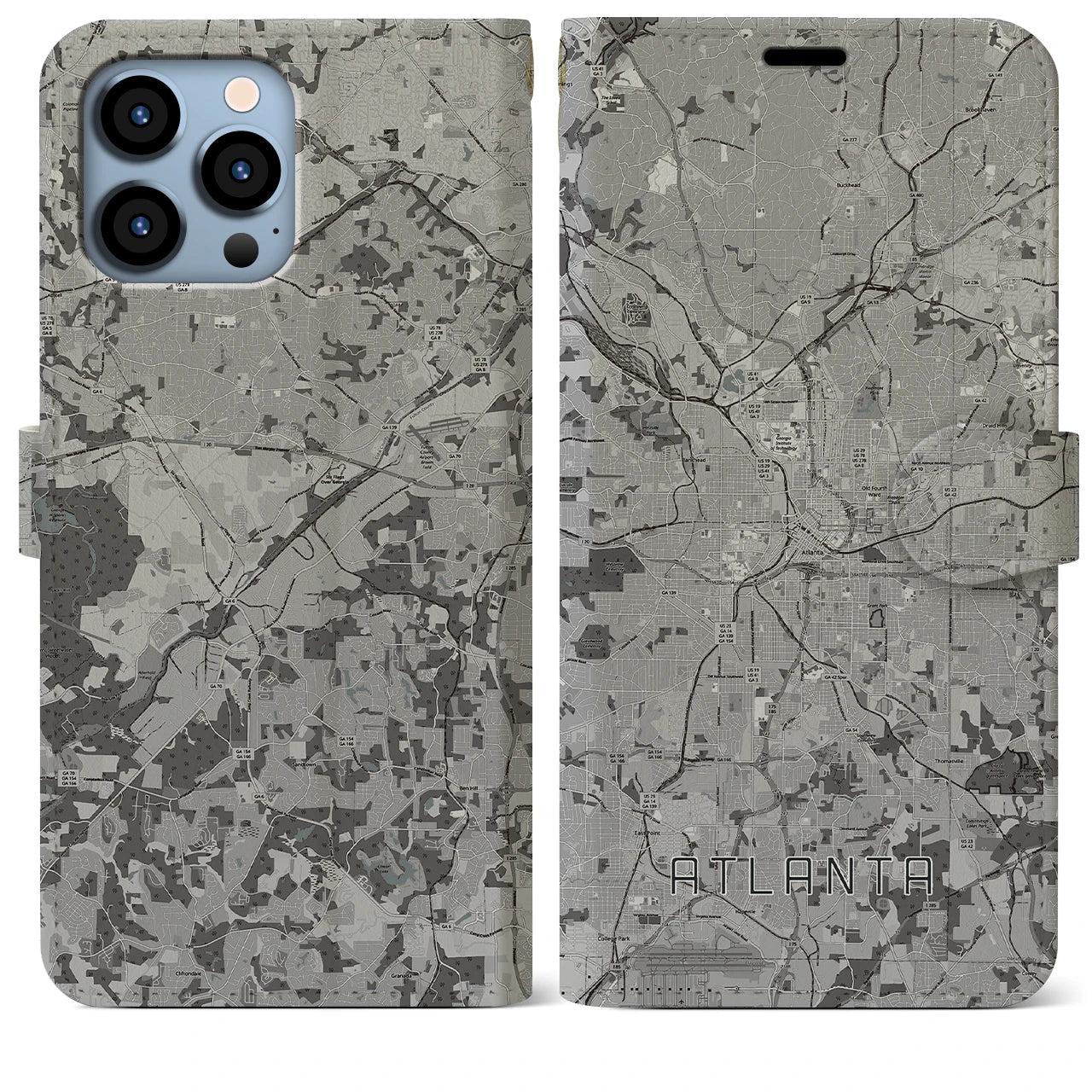 【アトランタ(アメリカ)】地図柄iPhoneケース(手帳タイプ)モノトーン・iPhone 13 Pro Max 用