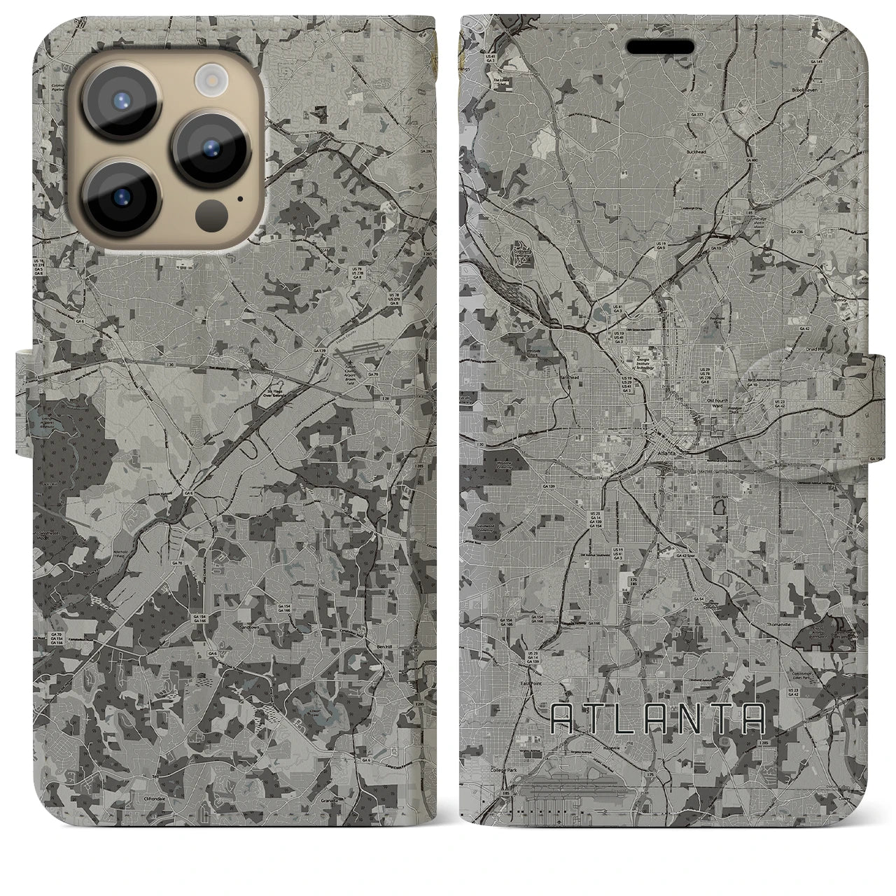 【アトランタ(アメリカ)】地図柄iPhoneケース(手帳タイプ)モノトーン・iPhone 14 Pro Max 用