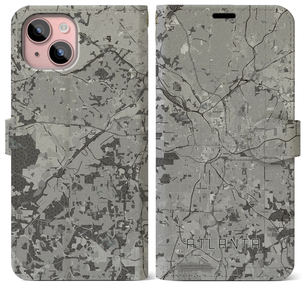 【アトランタ(アメリカ)】地図柄iPhoneケース(手帳タイプ)モノトーン・iPhone 15 Plus 用