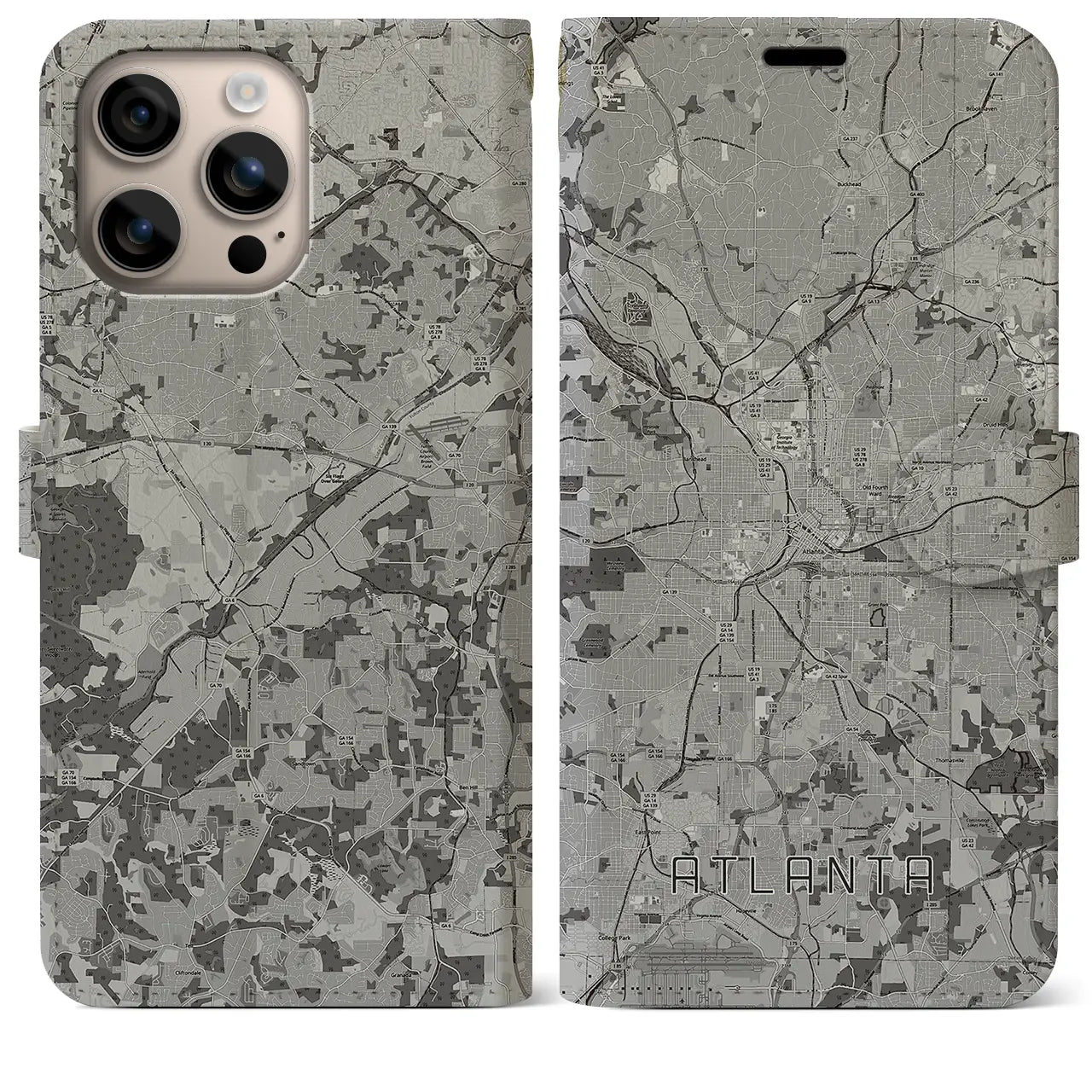 【アトランタ(アメリカ)】地図柄iPhoneケース(手帳タイプ)モノトーン・iPhone 16 Plus 用