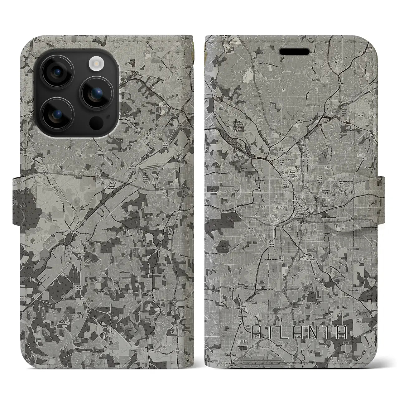 【アトランタ(アメリカ)】地図柄iPhoneケース(手帳タイプ)モノトーン・iPhone 16 用