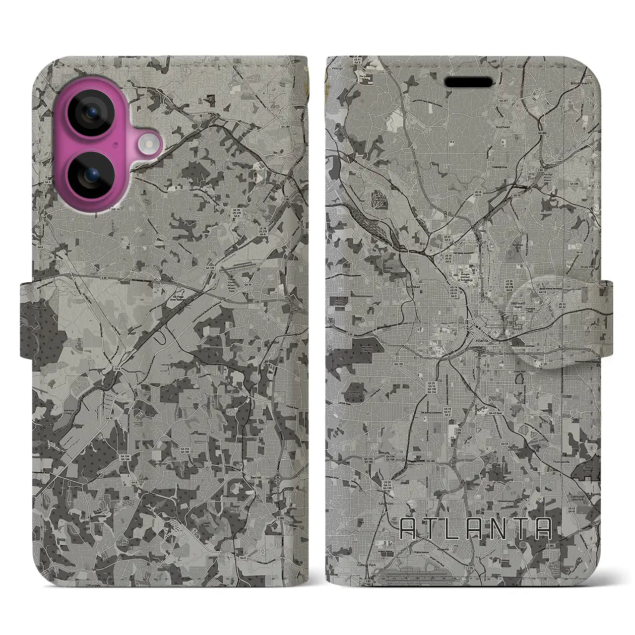 【アトランタ(アメリカ)】地図柄iPhoneケース(手帳タイプ)モノトーン・iPhone 16 Pro 用