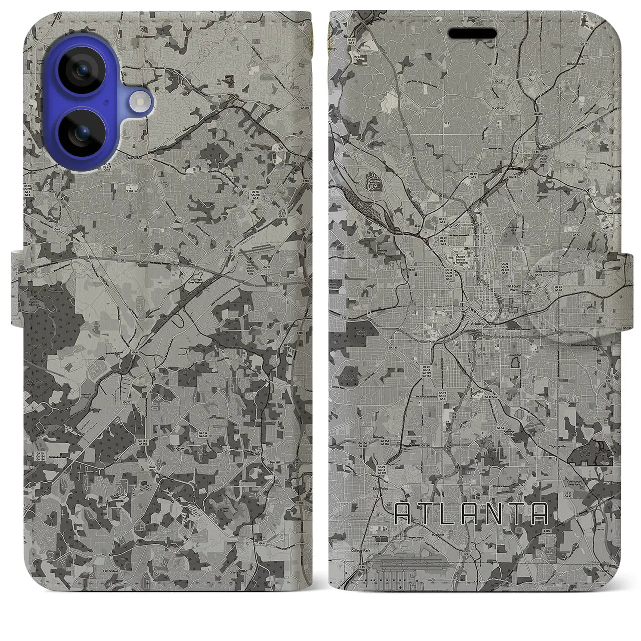 【アトランタ(アメリカ)】地図柄iPhoneケース(手帳タイプ)モノトーン・iPhone 16 Pro Max 用