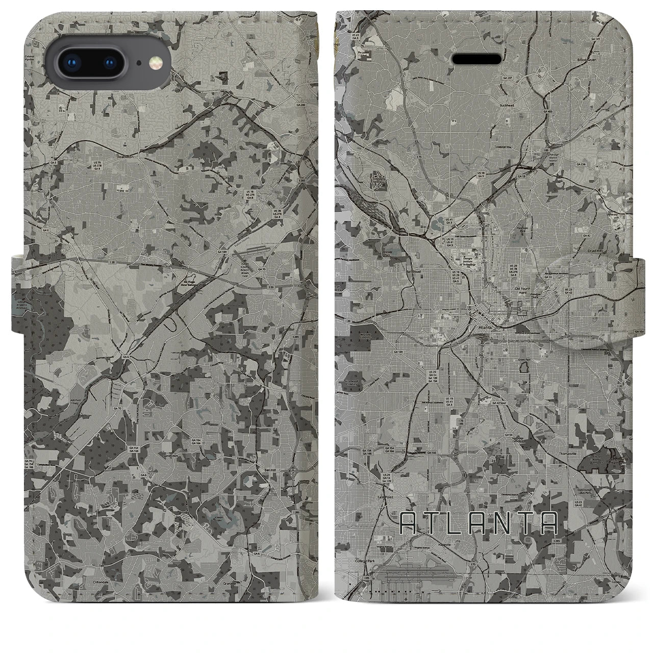 【アトランタ(アメリカ)】地図柄iPhoneケース(手帳タイプ)モノトーン・iPhone 8Plus /7Plus / 6sPlus / 6Plus 用