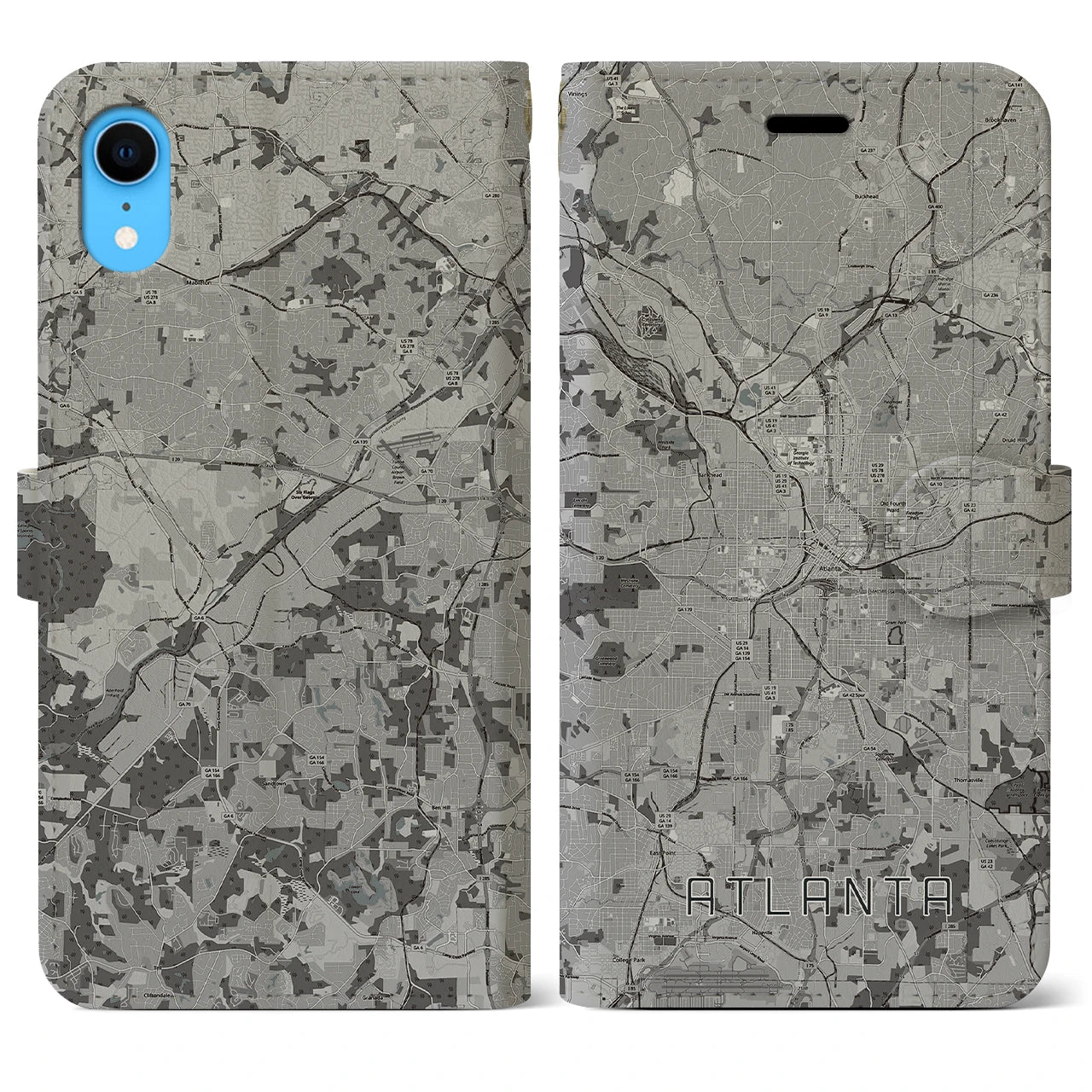 【アトランタ(アメリカ)】地図柄iPhoneケース(手帳タイプ)モノトーン・iPhone XR 用