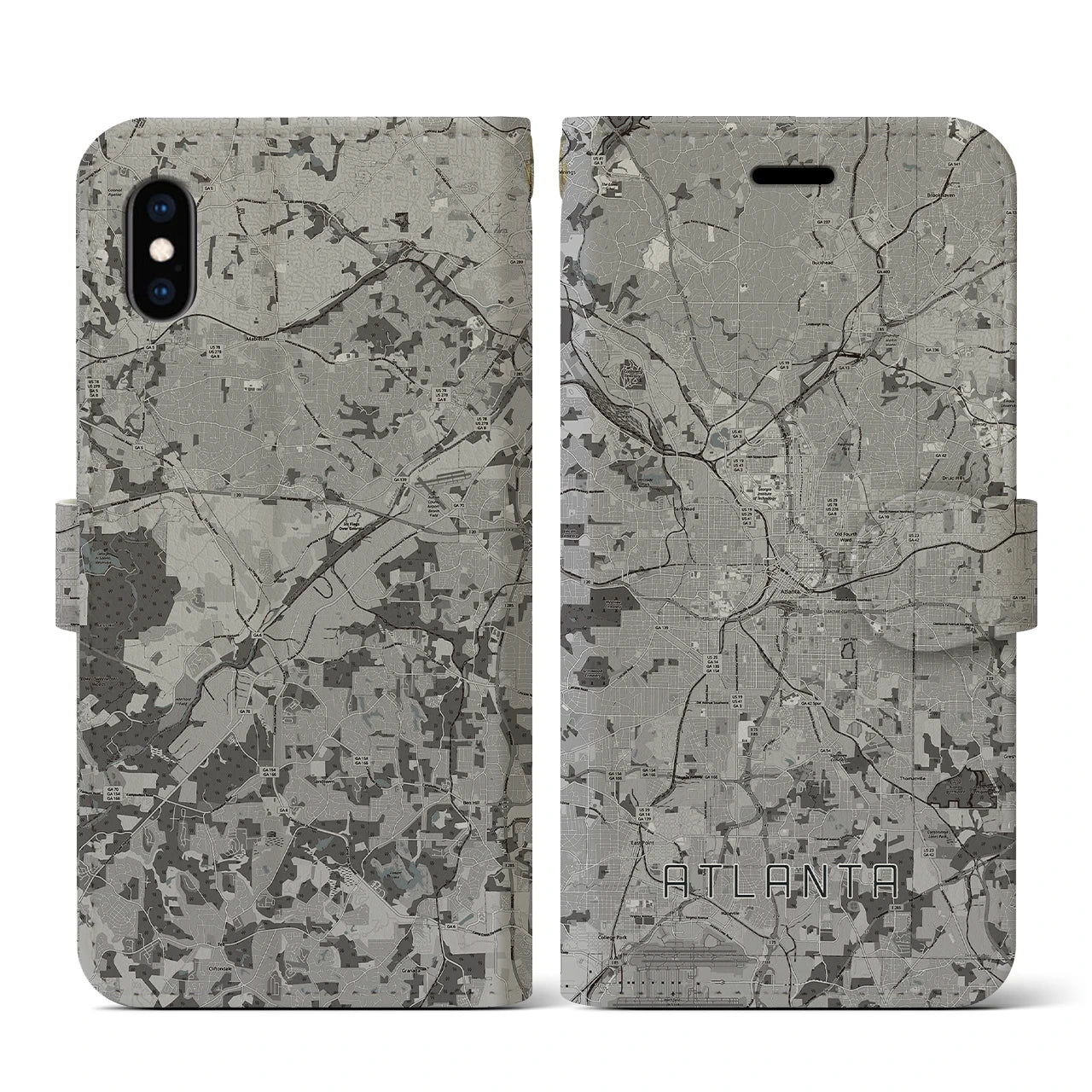 【アトランタ(アメリカ)】地図柄iPhoneケース(手帳タイプ)モノトーン・iPhone XS / X 用