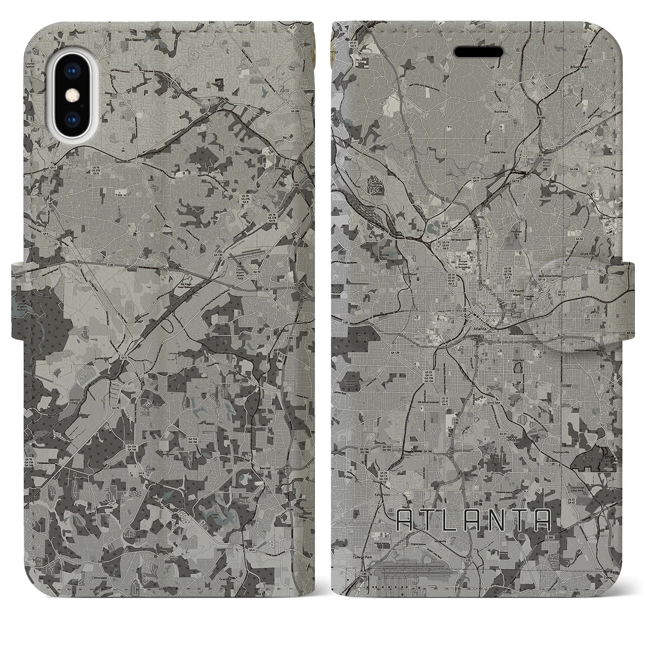 【アトランタ(アメリカ)】地図柄iPhoneケース(手帳タイプ)モノトーン・iPhone XS Max 用