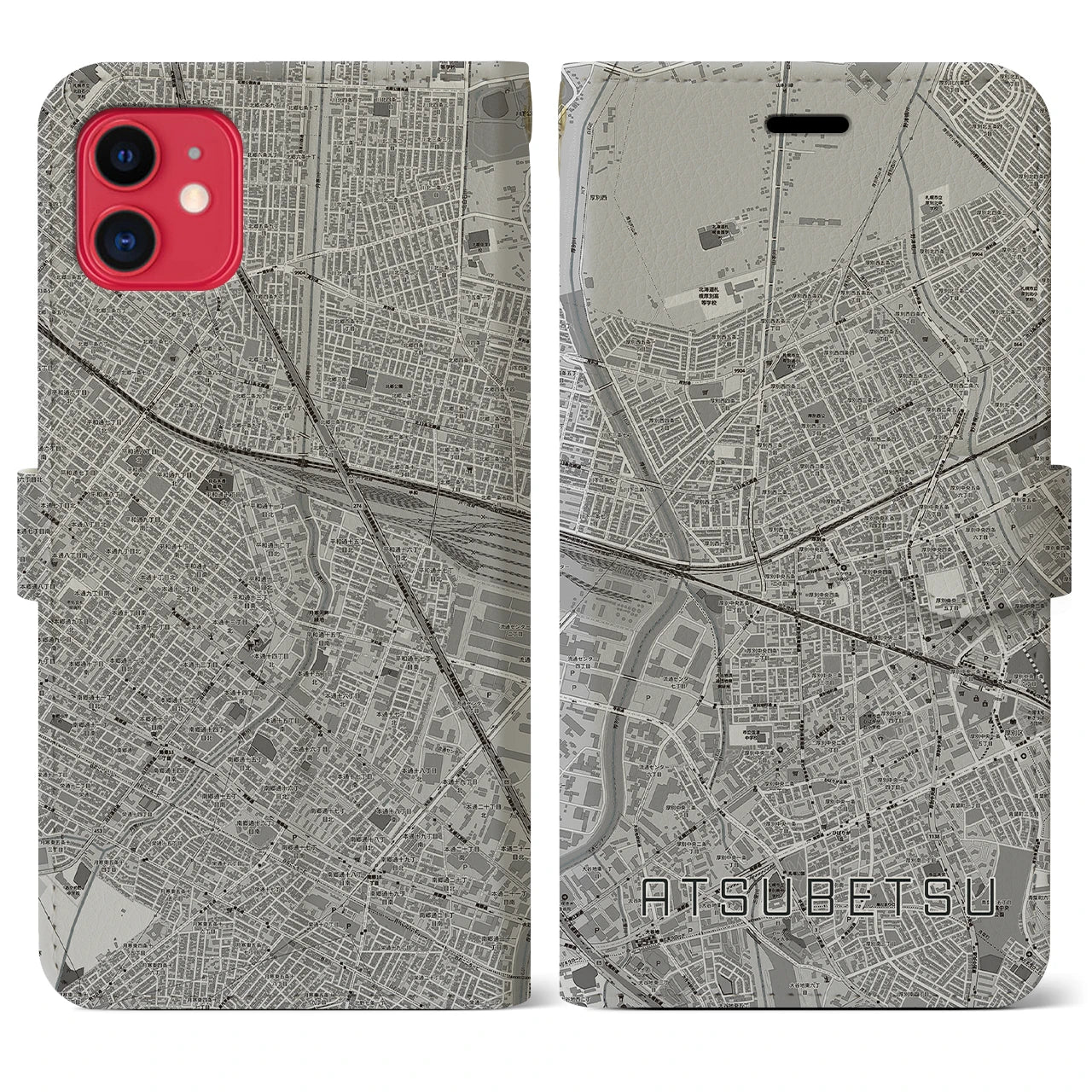 【厚別(北海道)】地図柄iPhoneケース(手帳タイプ)モノトーン・iPhone 11 用