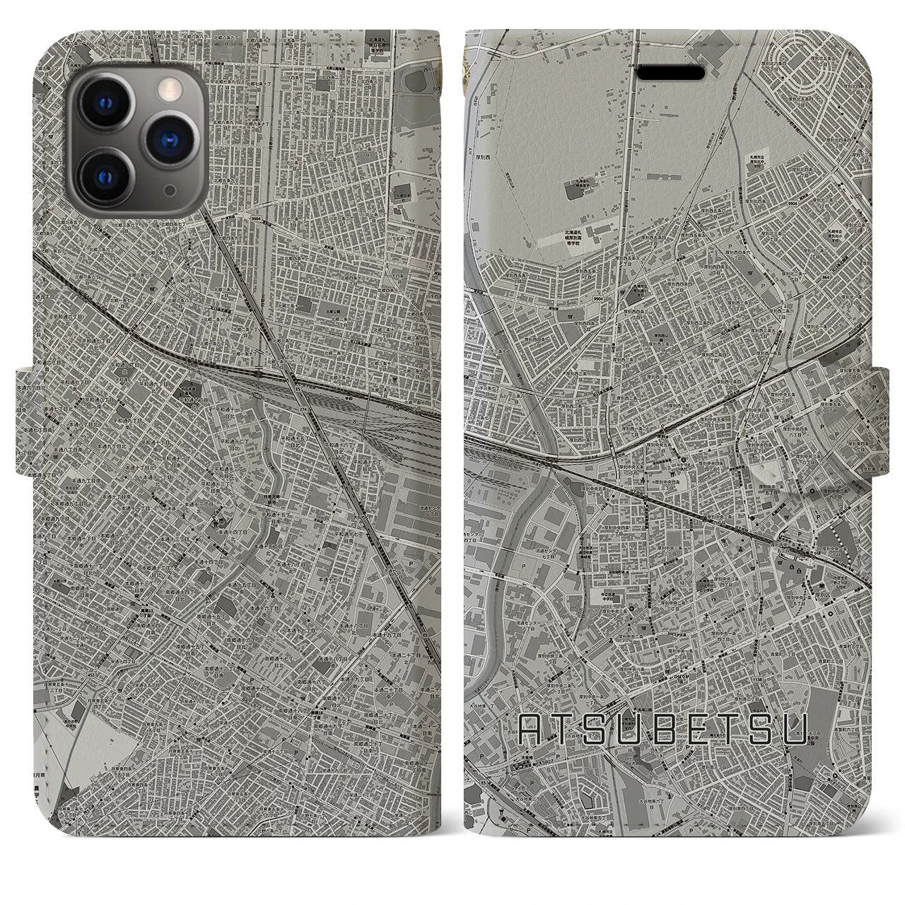 【厚別(北海道)】地図柄iPhoneケース(手帳タイプ)モノトーン・iPhone 11 Pro Max 用