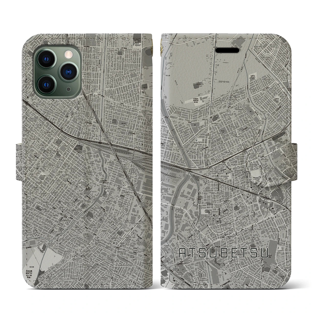 【厚別(北海道)】地図柄iPhoneケース(手帳タイプ)モノトーン・iPhone 11 Pro 用
