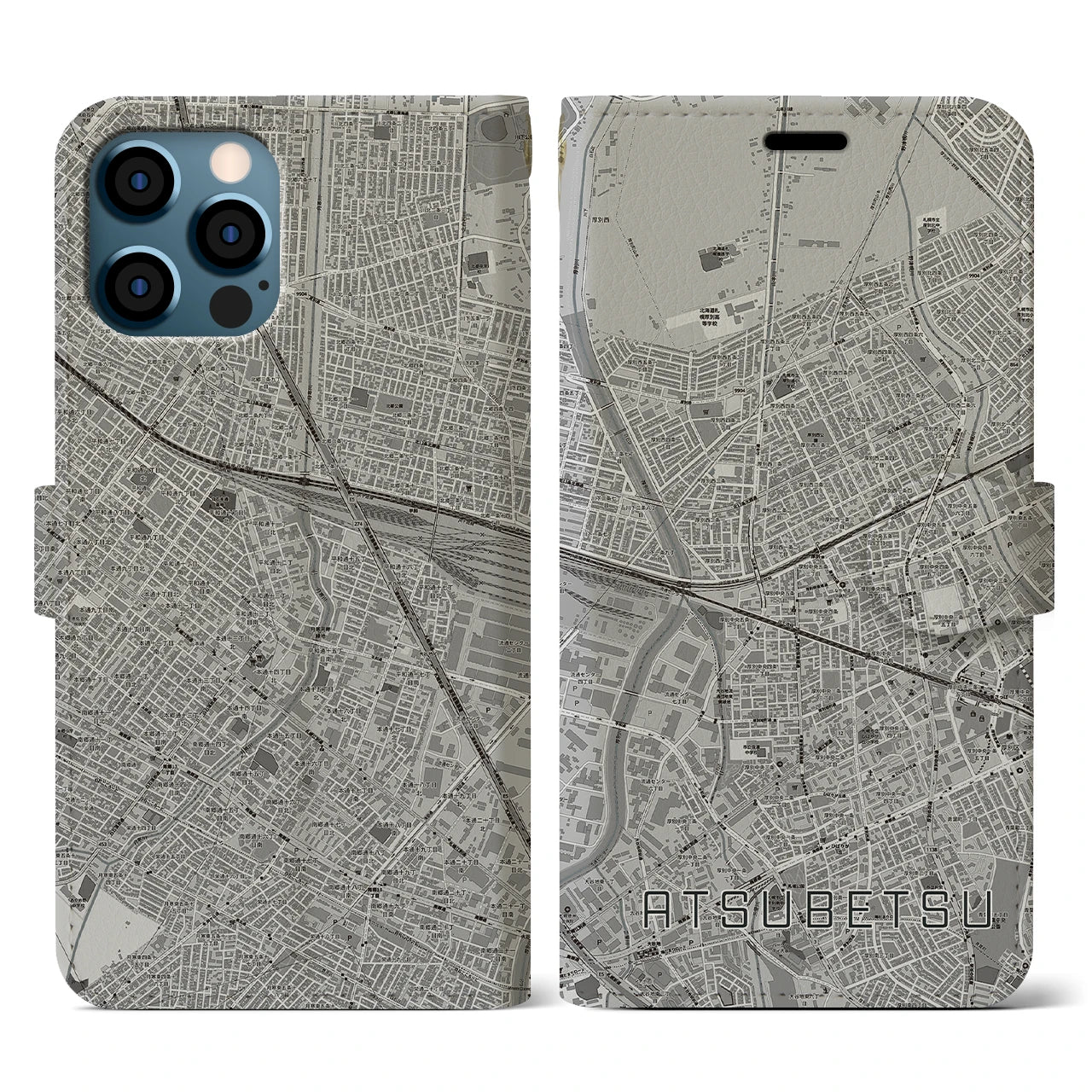 【厚別(北海道)】地図柄iPhoneケース(手帳タイプ)モノトーン・iPhone 12 / 12 Pro 用