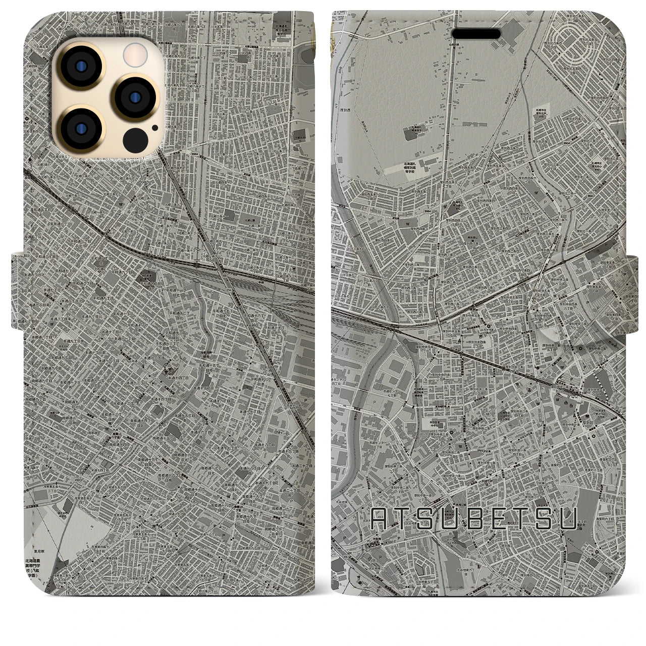 【厚別(北海道)】地図柄iPhoneケース(手帳タイプ)モノトーン・iPhone 12 Pro Max 用