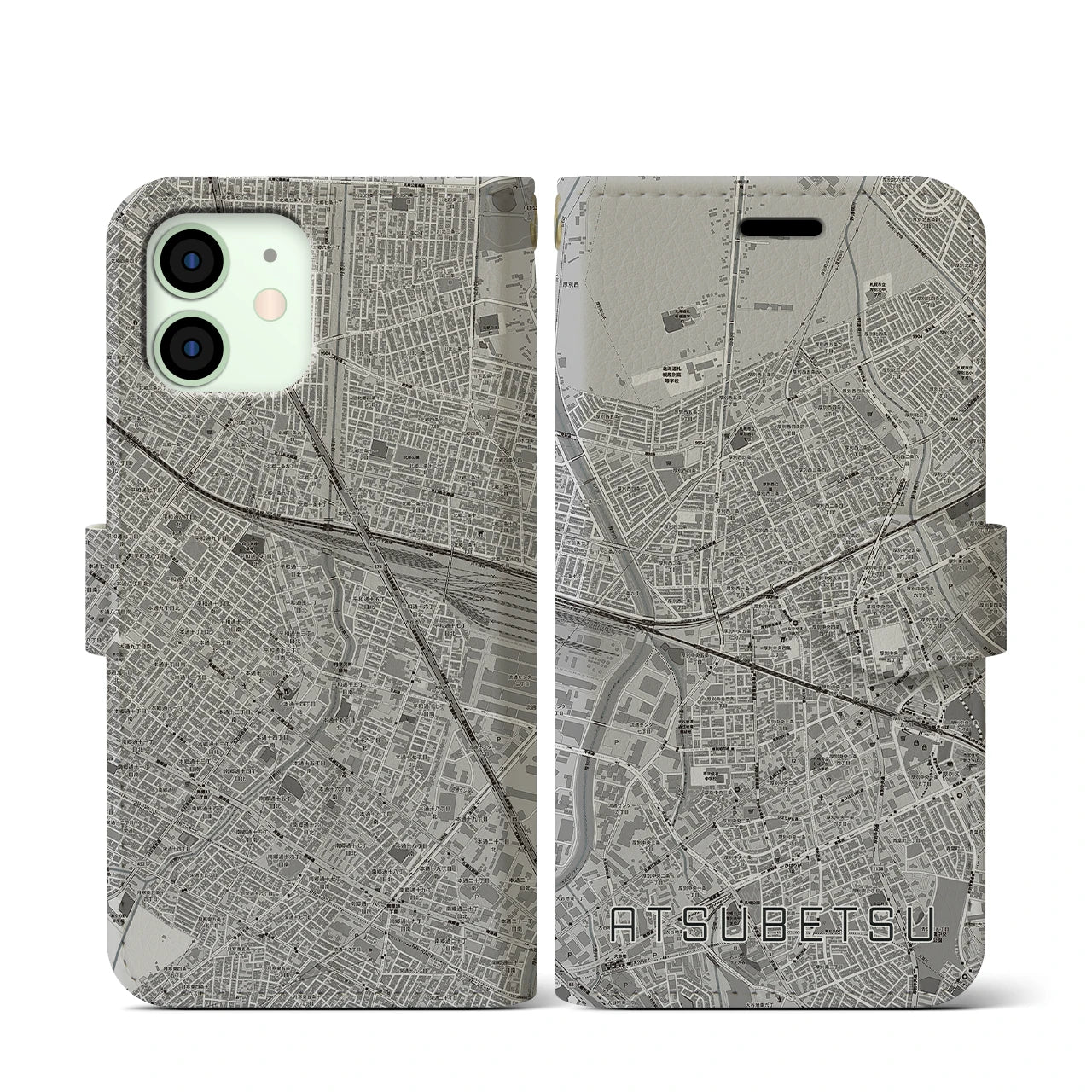 【厚別(北海道)】地図柄iPhoneケース(手帳タイプ)モノトーン・iPhone 12 mini 用