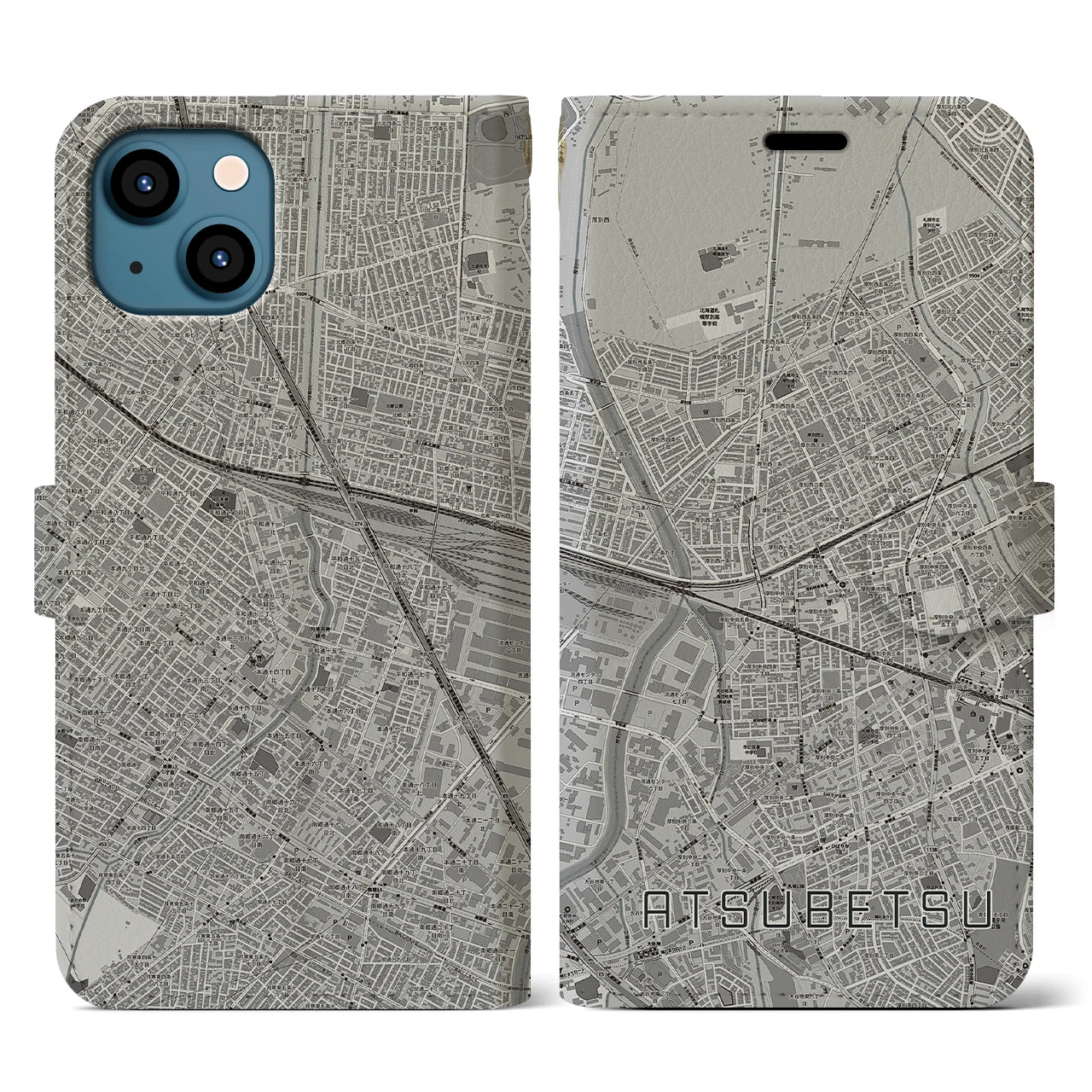 【厚別(北海道)】地図柄iPhoneケース(手帳タイプ)モノトーン・iPhone 13 用