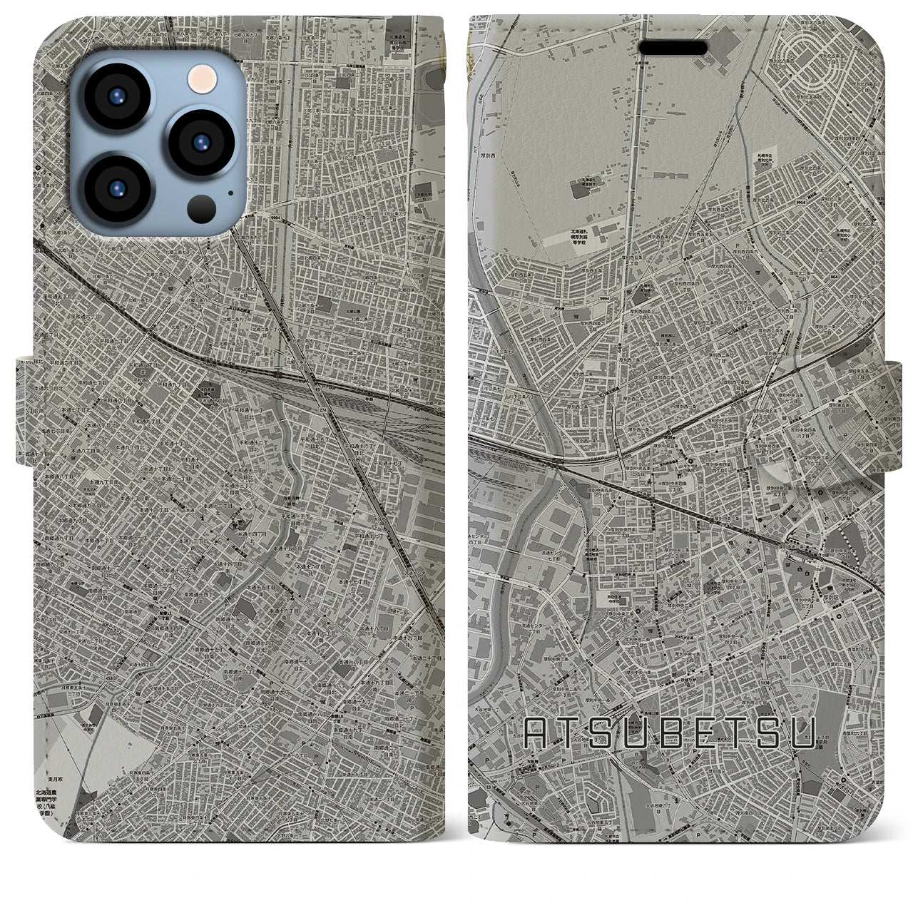 【厚別(北海道)】地図柄iPhoneケース(手帳タイプ)モノトーン・iPhone 13 Pro Max 用