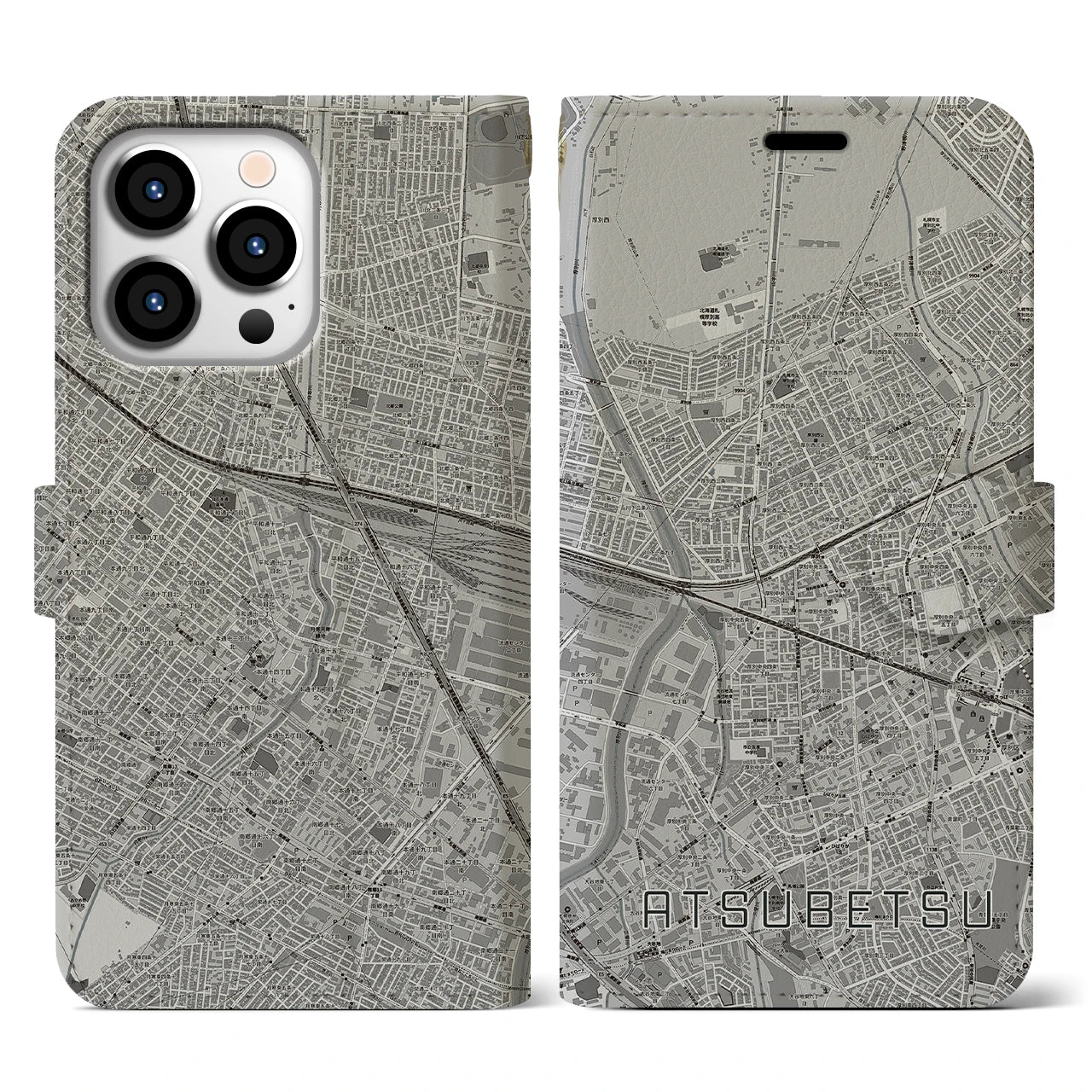 【厚別(北海道)】地図柄iPhoneケース(手帳タイプ)モノトーン・iPhone 13 Pro 用
