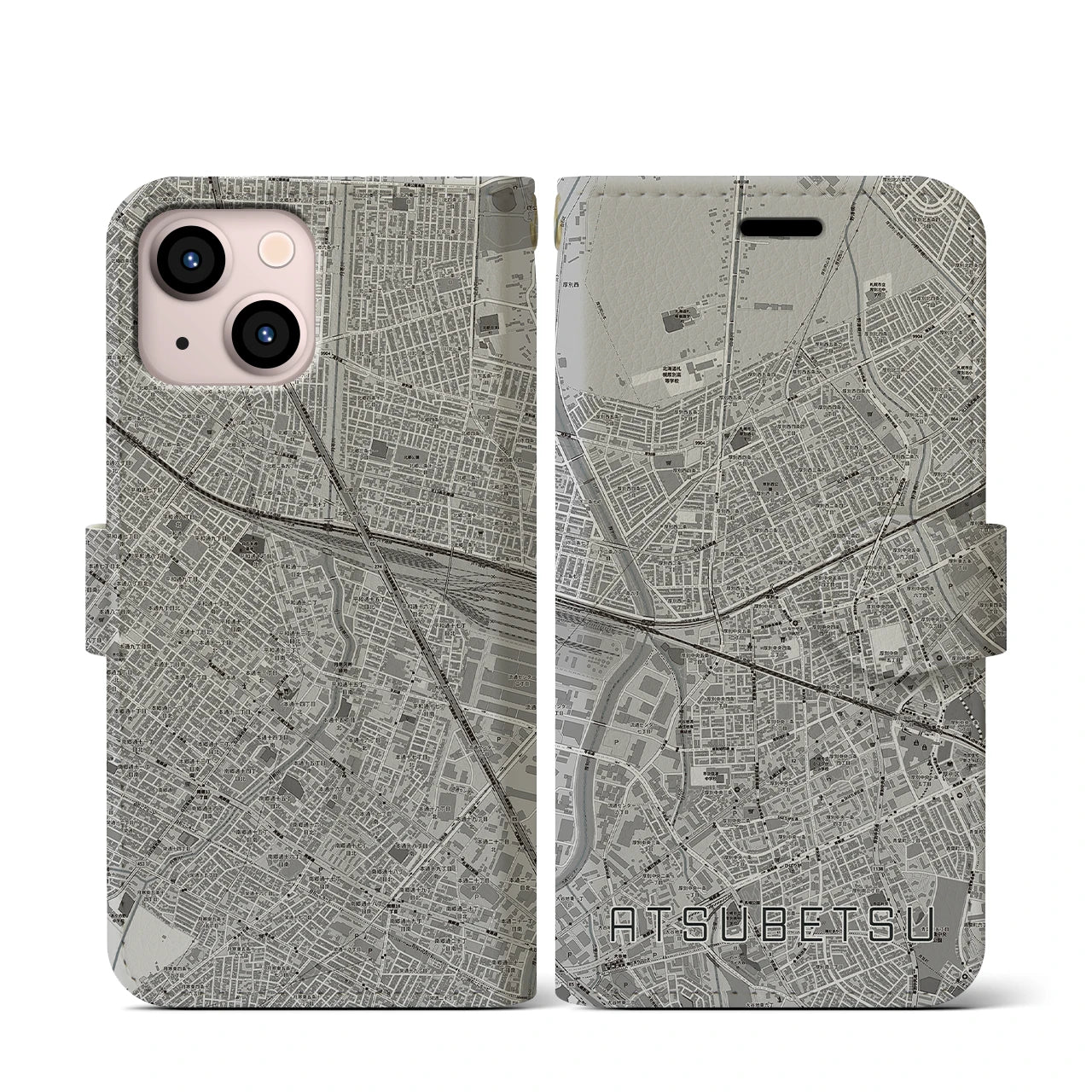 【厚別(北海道)】地図柄iPhoneケース(手帳タイプ)モノトーン・iPhone 13 mini 用