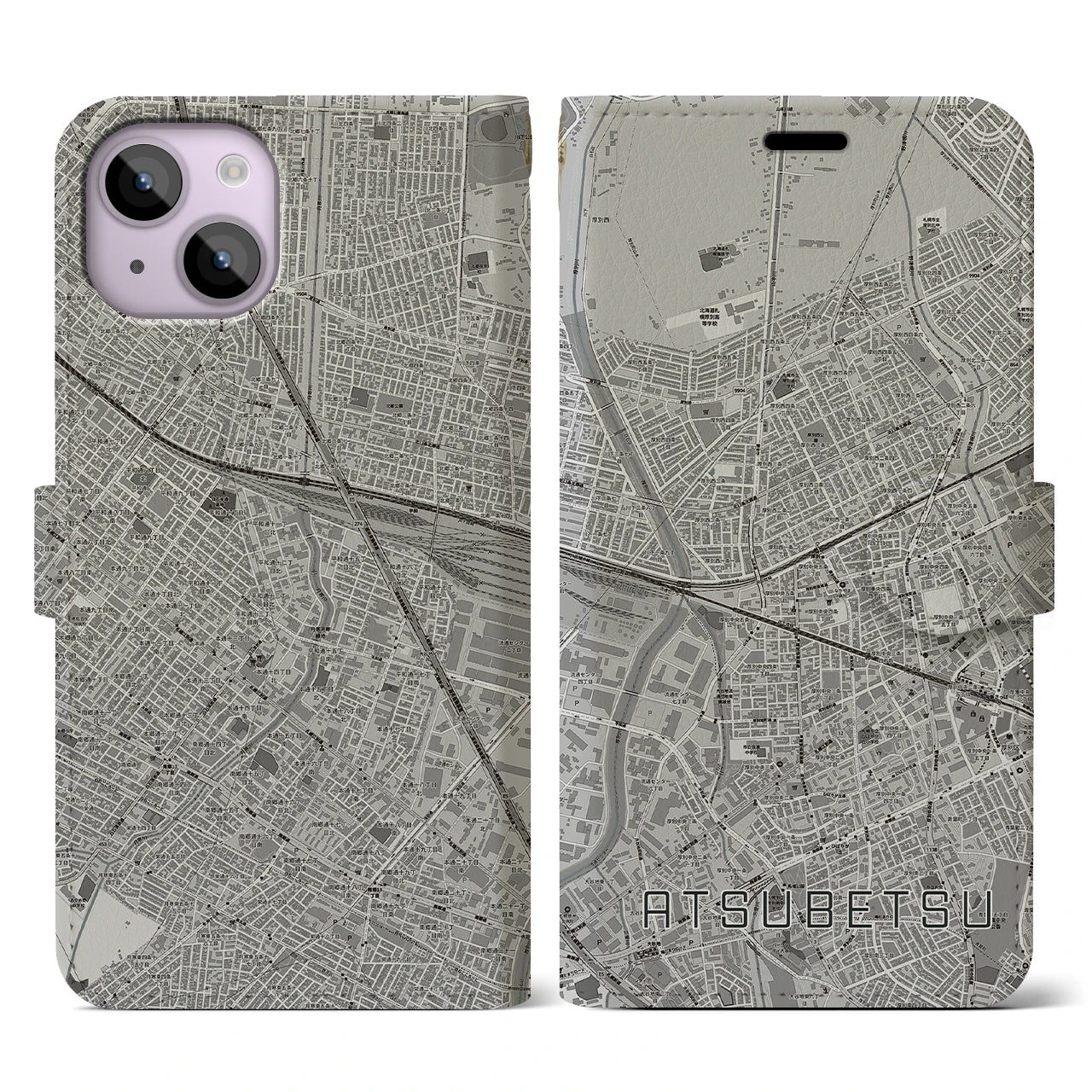 【厚別(北海道)】地図柄iPhoneケース(手帳タイプ)モノトーン・iPhone 14 用