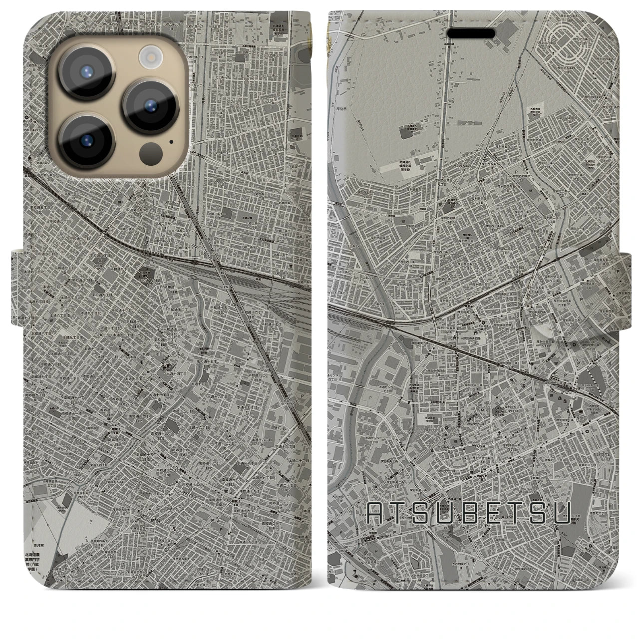 【厚別(北海道)】地図柄iPhoneケース(手帳タイプ)モノトーン・iPhone 14 Pro Max 用