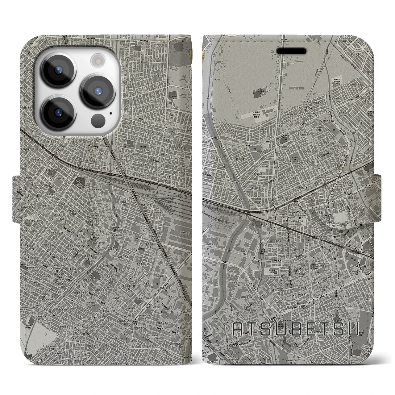 【厚別(北海道)】地図柄iPhoneケース(手帳タイプ)モノトーン・iPhone 14 Pro 用