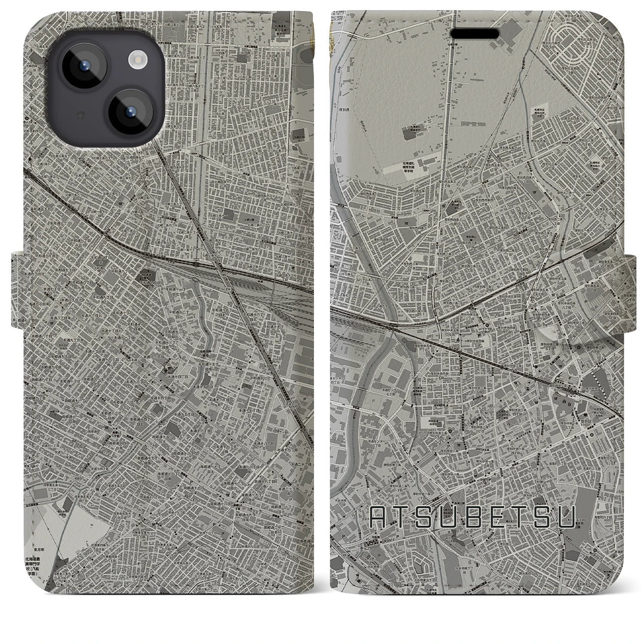 【厚別(北海道)】地図柄iPhoneケース(手帳タイプ)モノトーン・iPhone 14 Plus 用