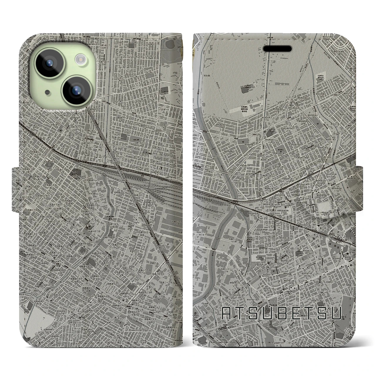 【厚別(北海道)】地図柄iPhoneケース(手帳タイプ)モノトーン・iPhone 15 用