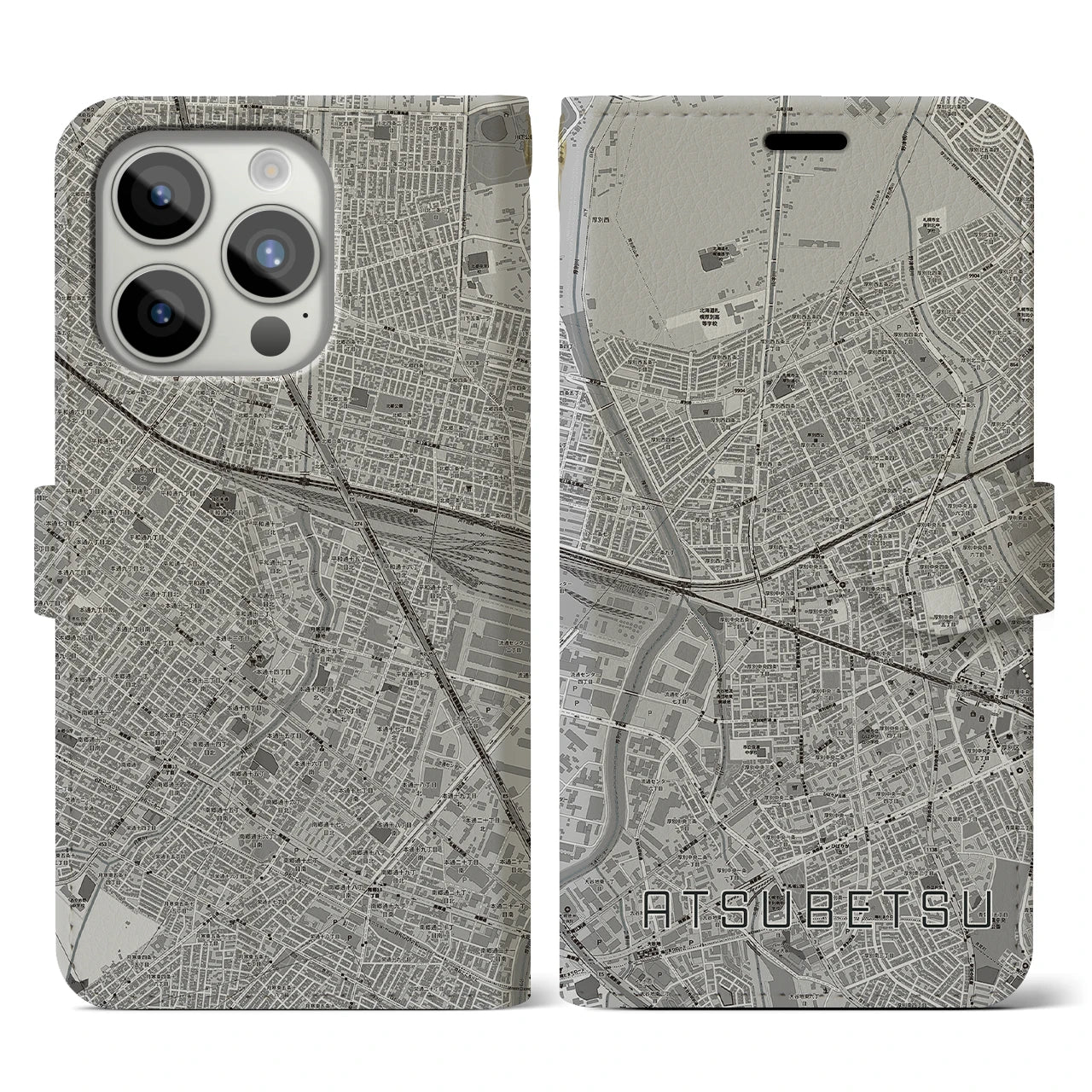 【厚別(北海道)】地図柄iPhoneケース(手帳タイプ)モノトーン・iPhone 15 Pro 用