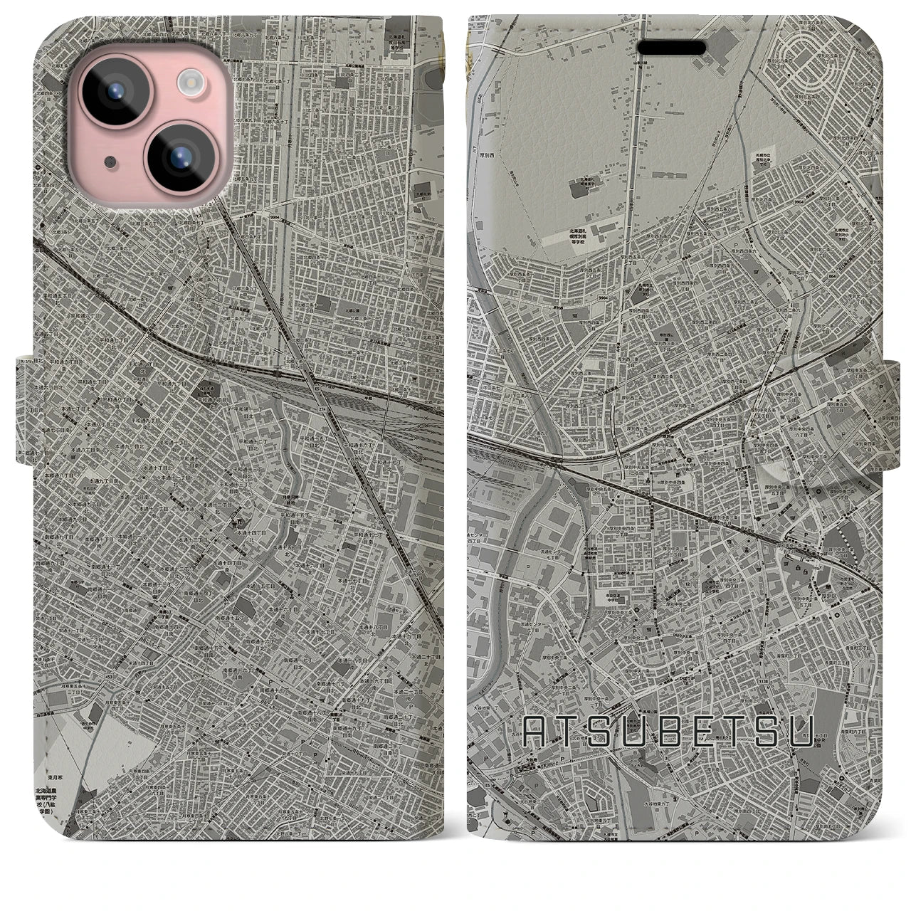 【厚別(北海道)】地図柄iPhoneケース(手帳タイプ)モノトーン・iPhone 15 Plus 用