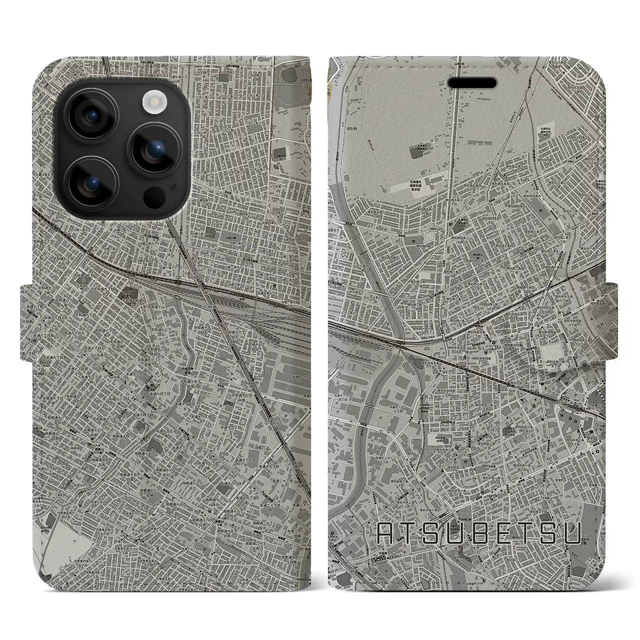 【厚別(北海道)】地図柄iPhoneケース(手帳タイプ)モノトーン・iPhone 16 用