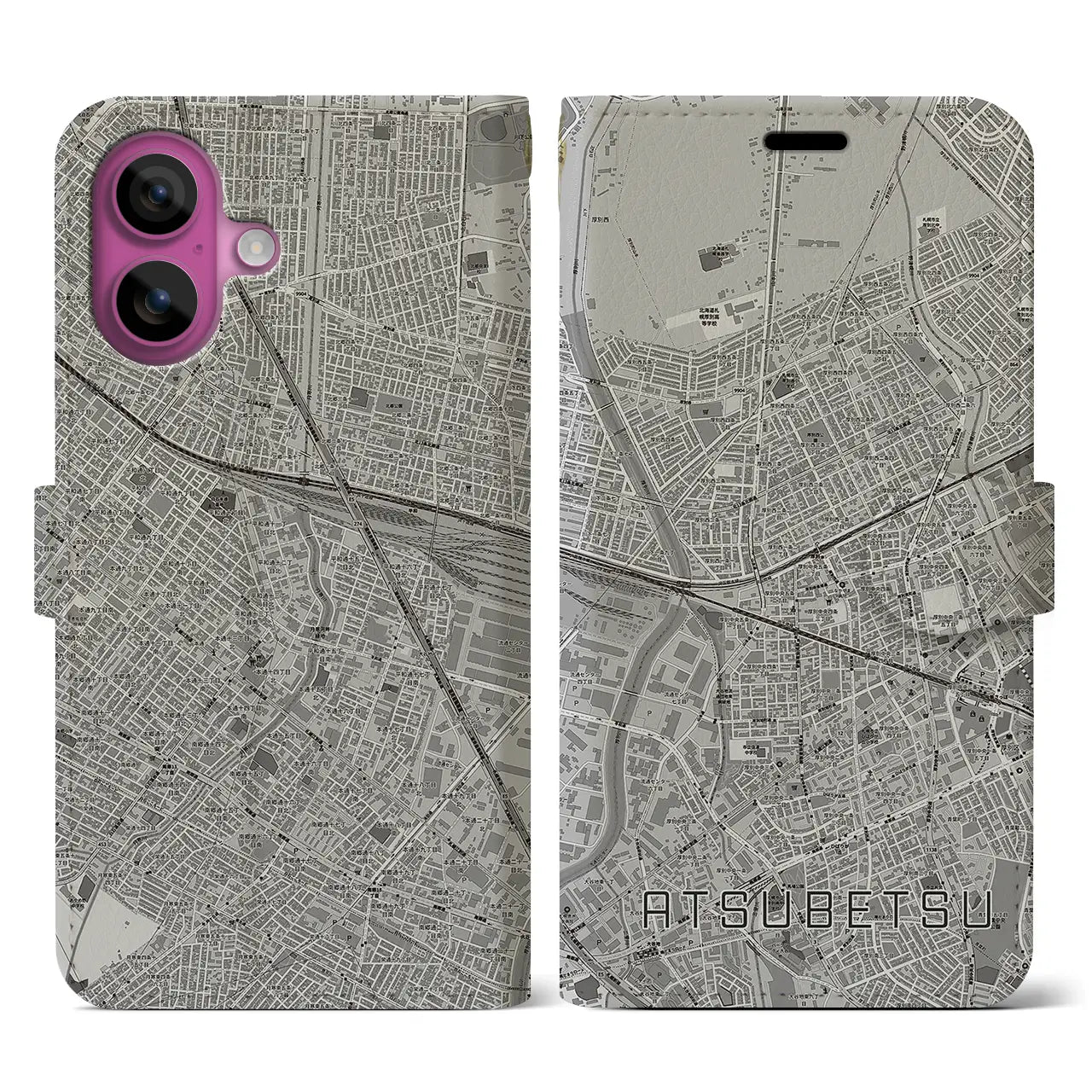 【厚別(北海道)】地図柄iPhoneケース(手帳タイプ)モノトーン・iPhone 16 Pro 用
