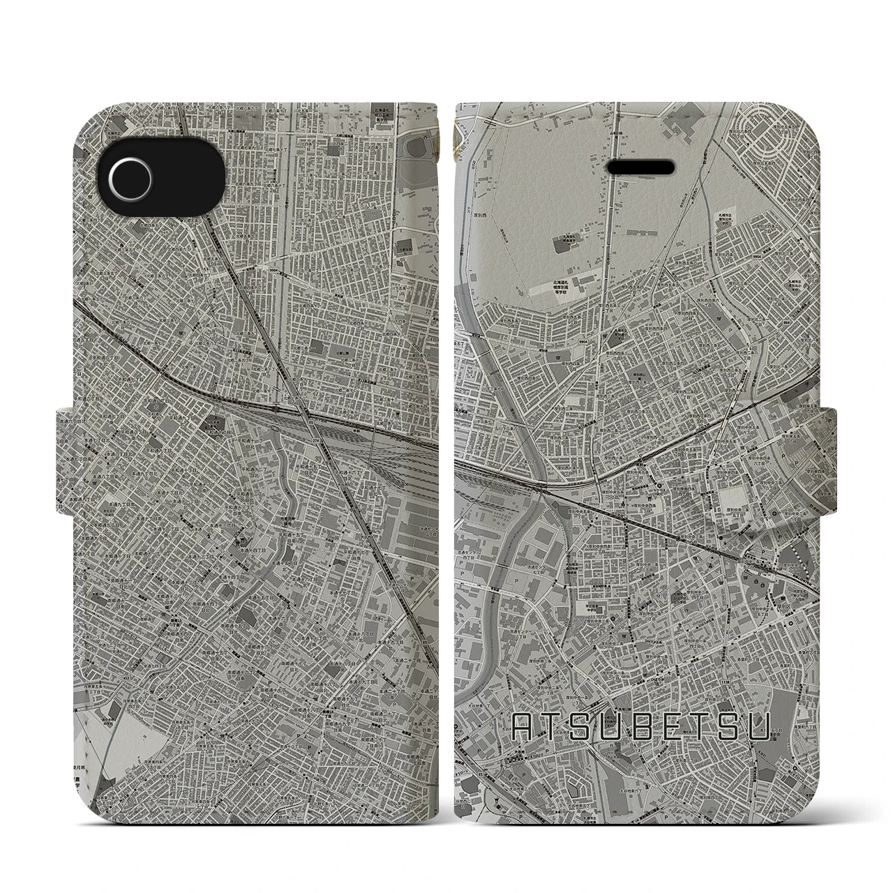 【厚別(北海道)】地図柄iPhoneケース(手帳タイプ)モノトーン・iPhone SE(第3 / 第2世代) / 8 / 7 / 6s / 6 用