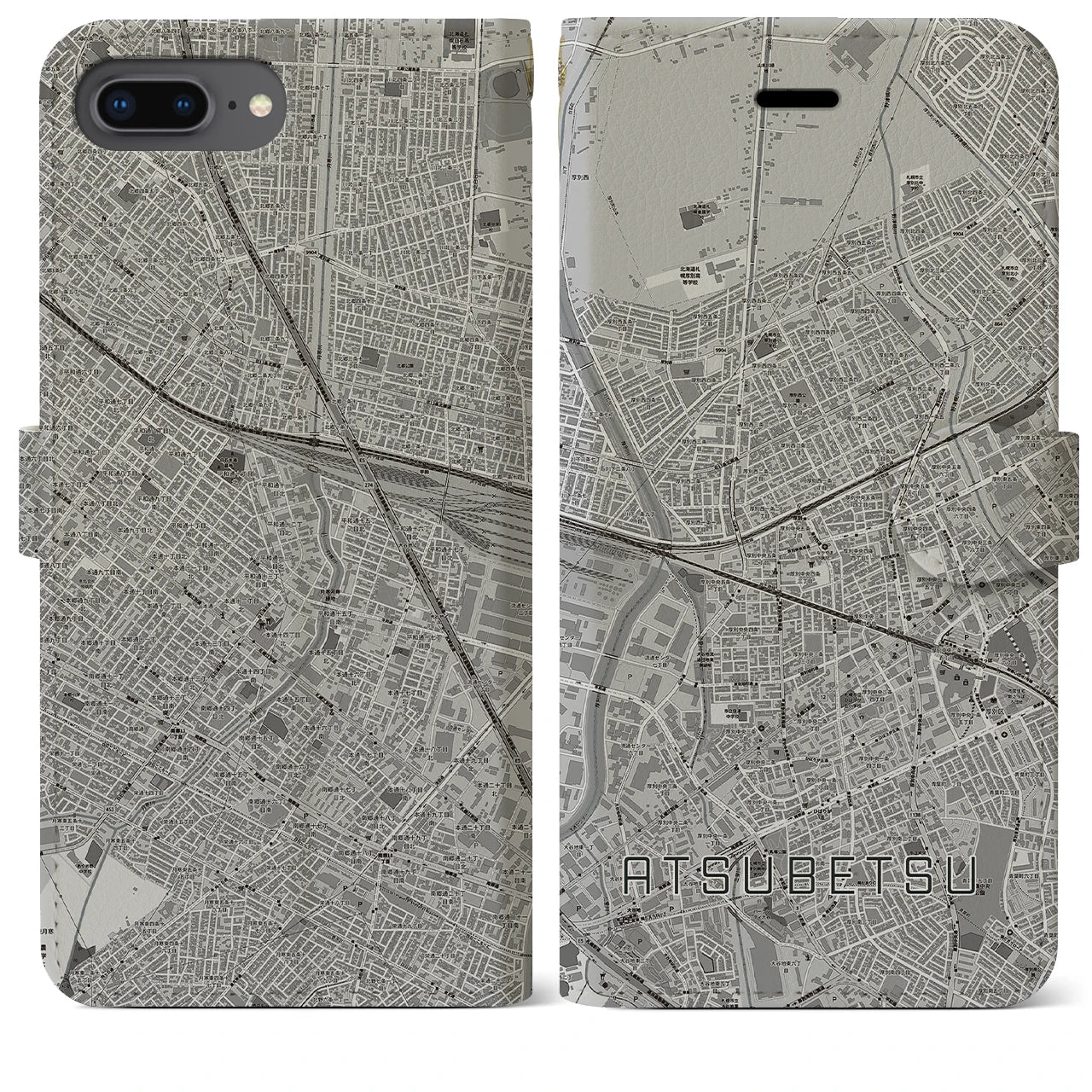 【厚別(北海道)】地図柄iPhoneケース(手帳タイプ)モノトーン・iPhone 8Plus /7Plus / 6sPlus / 6Plus 用