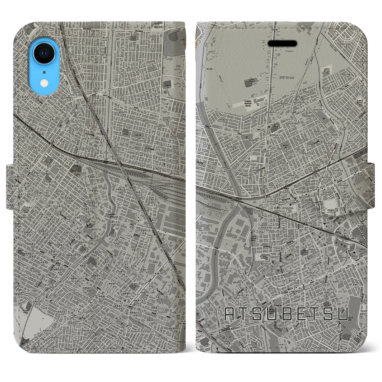 【厚別(北海道)】地図柄iPhoneケース(手帳タイプ)モノトーン・iPhone XR 用