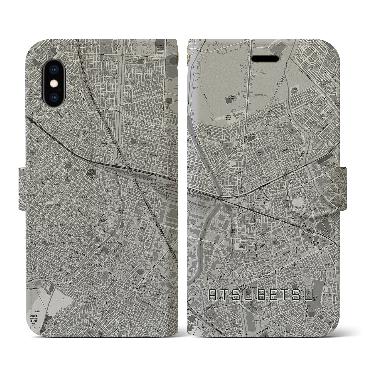 【厚別(北海道)】地図柄iPhoneケース(手帳タイプ)モノトーン・iPhone XS / X 用