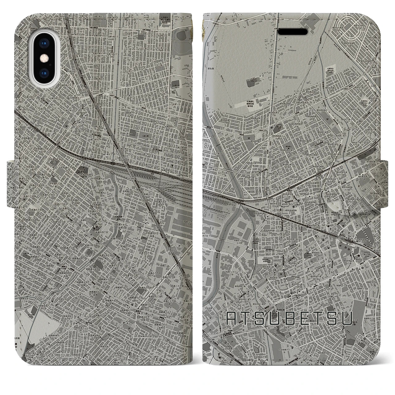 【厚別(北海道)】地図柄iPhoneケース(手帳タイプ)モノトーン・iPhone XS Max 用