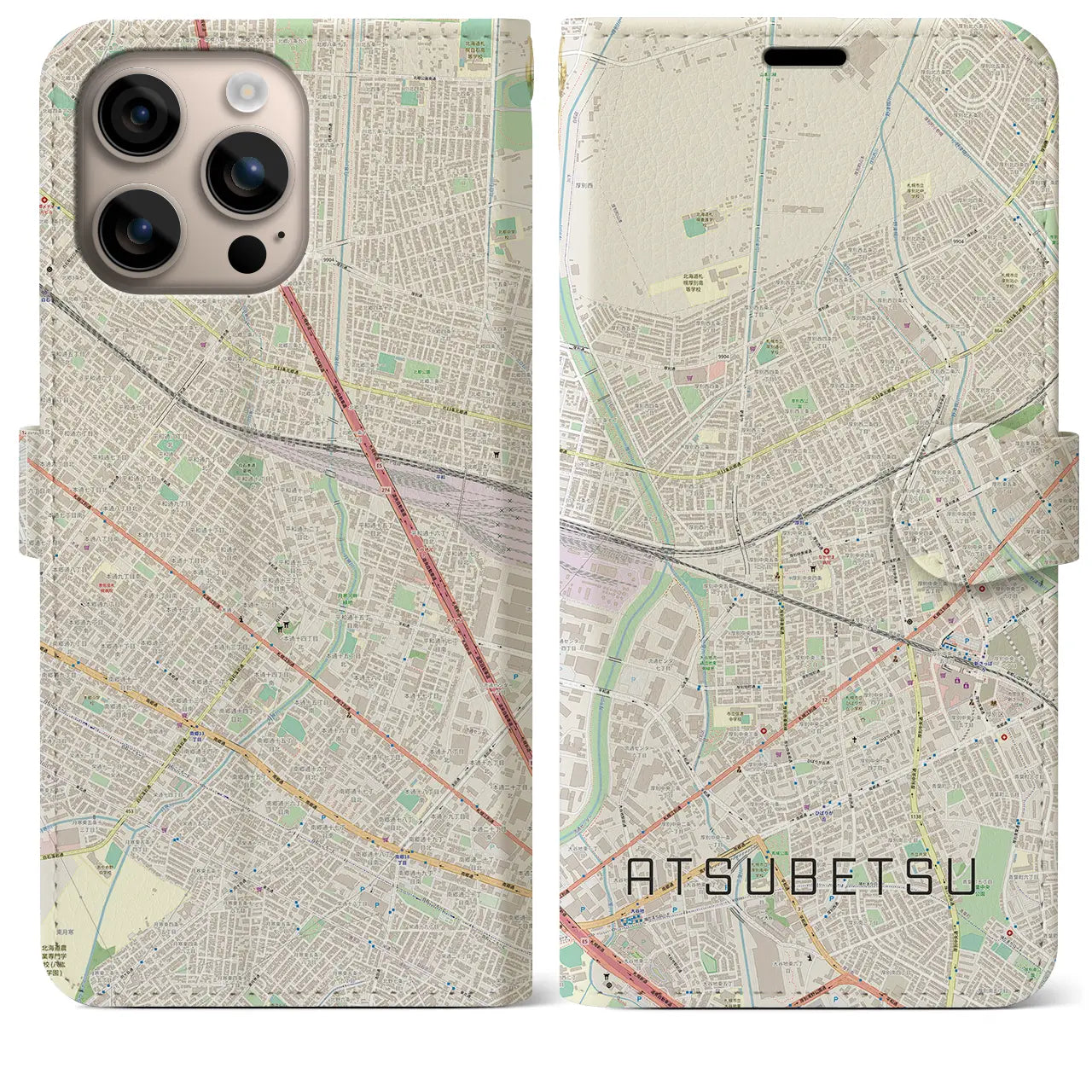 【厚別(北海道)】地図柄iPhoneケース(手帳タイプ)ナチュラル・iPhone 16 Plus 用