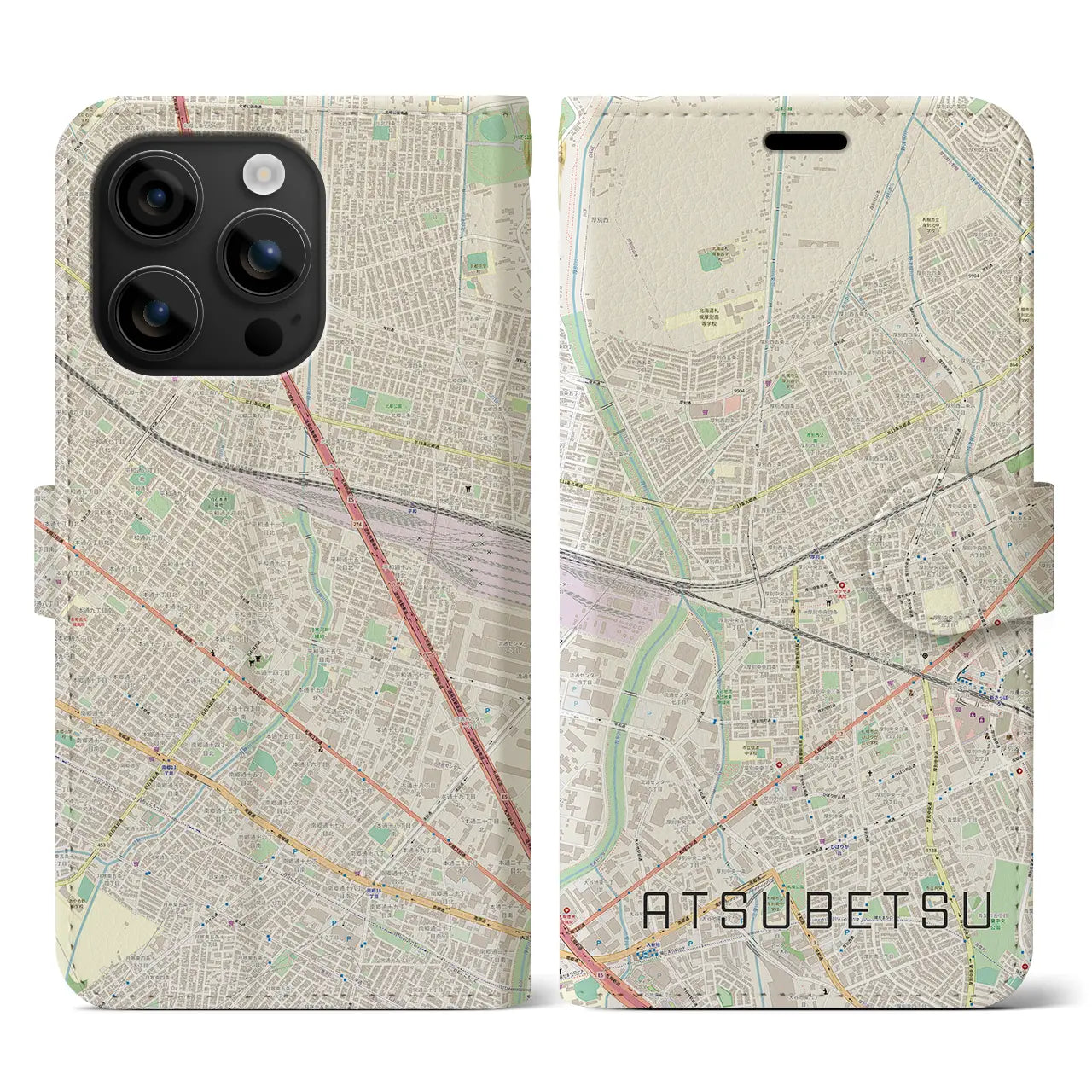【厚別(北海道)】地図柄iPhoneケース(手帳タイプ)ナチュラル・iPhone 16 用