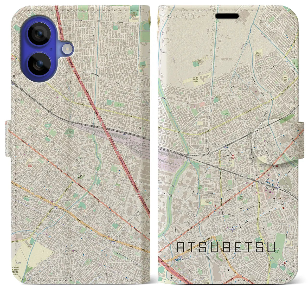 【厚別(北海道)】地図柄iPhoneケース(手帳タイプ)ナチュラル・iPhone 16 Pro Max 用