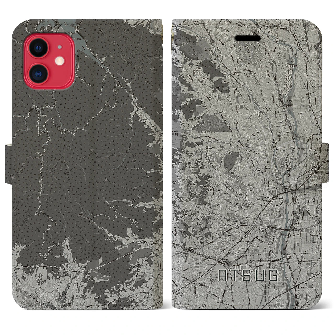 【厚木(神奈川県)】地図柄iPhoneケース(手帳タイプ)モノトーン・iPhone 11 用