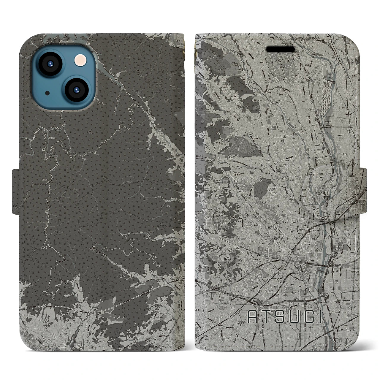 【厚木(神奈川県)】地図柄iPhoneケース(手帳タイプ)モノトーン・iPhone 13 用