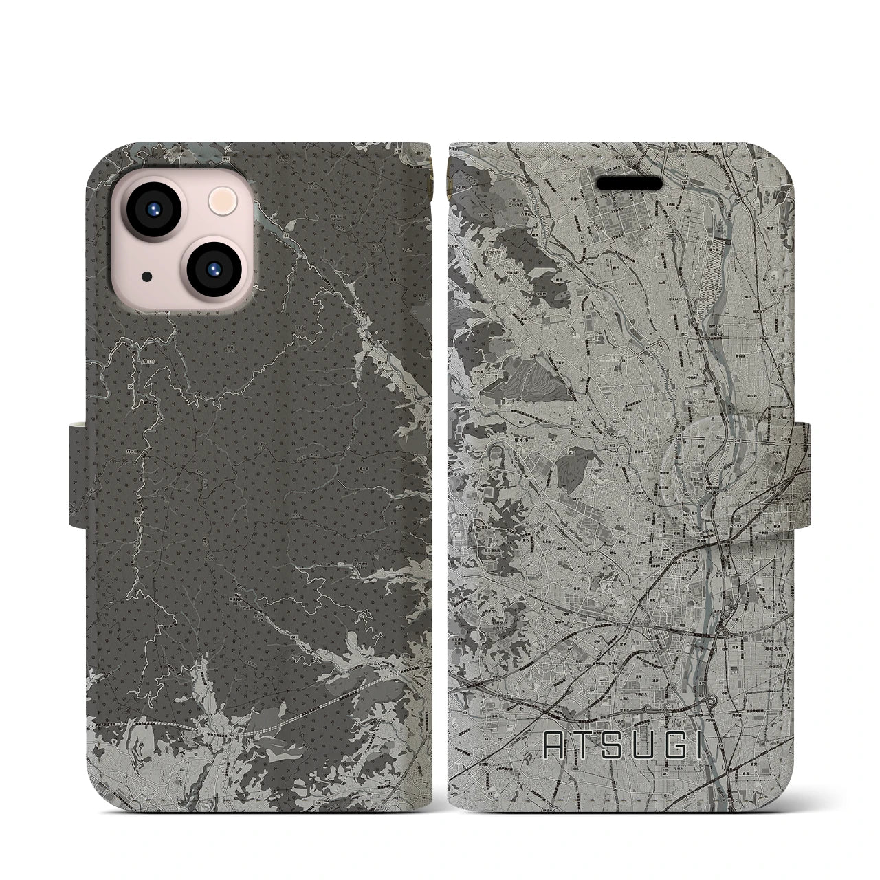 【厚木(神奈川県)】地図柄iPhoneケース(手帳タイプ)モノトーン・iPhone 13 mini 用