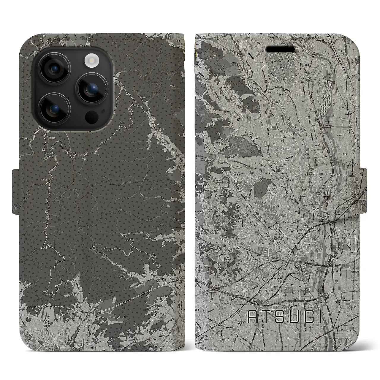 【厚木(神奈川県)】地図柄iPhoneケース(手帳タイプ)モノトーン・iPhone 16 用