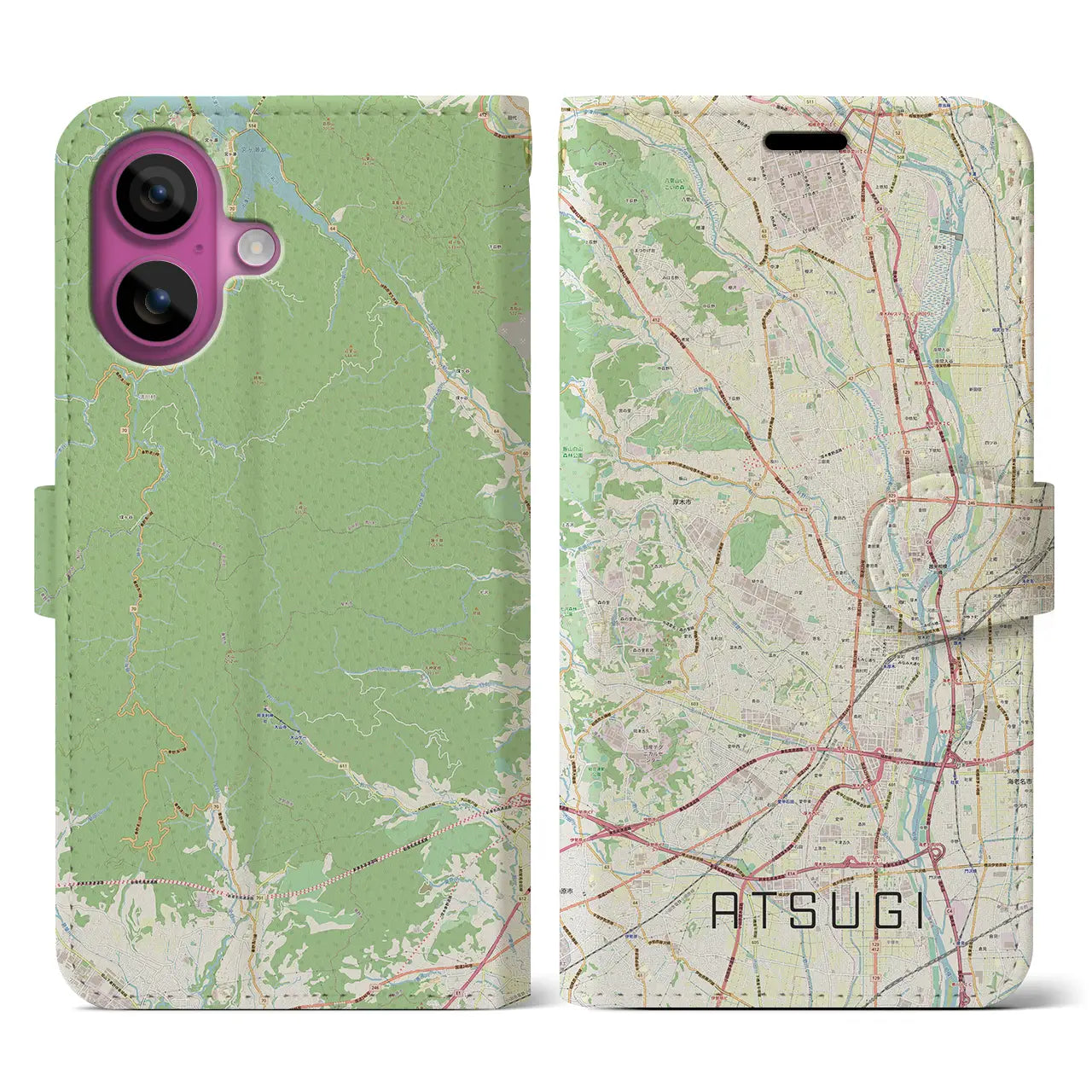 【厚木(神奈川県)】地図柄iPhoneケース(手帳タイプ)ナチュラル・iPhone 16 Pro 用