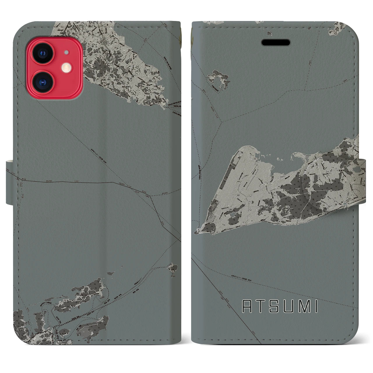 【渥美(愛知県)】地図柄iPhoneケース(手帳タイプ)モノトーン・iPhone 11 用