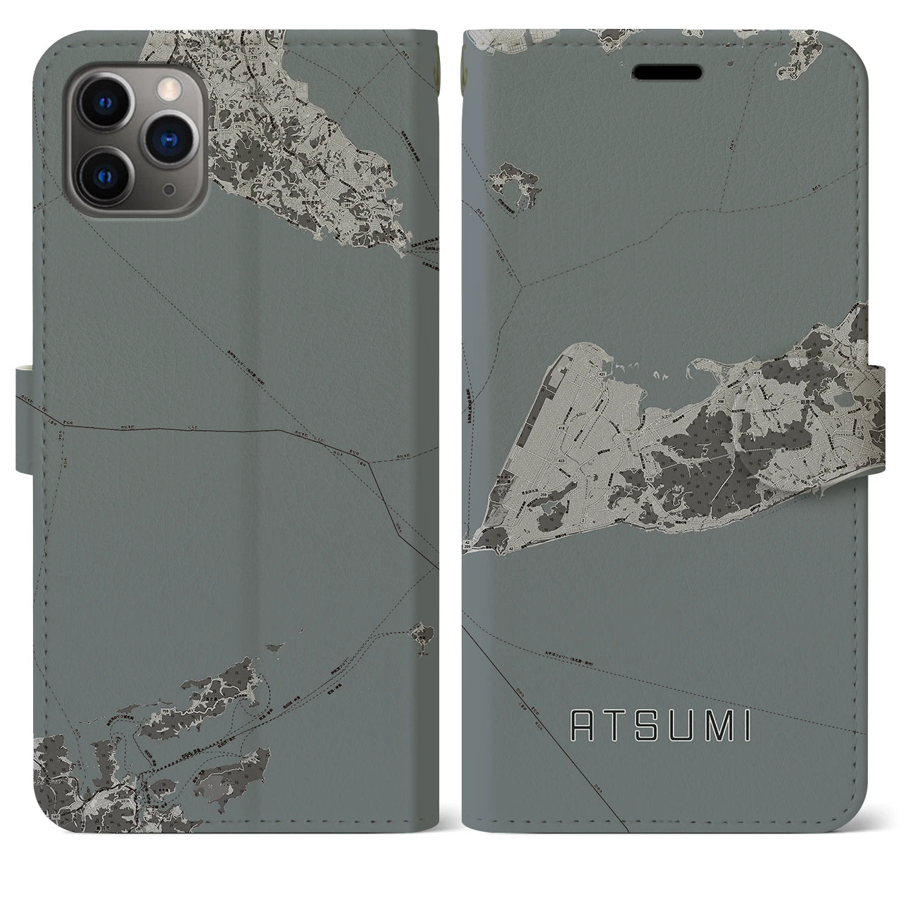 【渥美(愛知県)】地図柄iPhoneケース(手帳タイプ)モノトーン・iPhone 11 Pro Max 用
