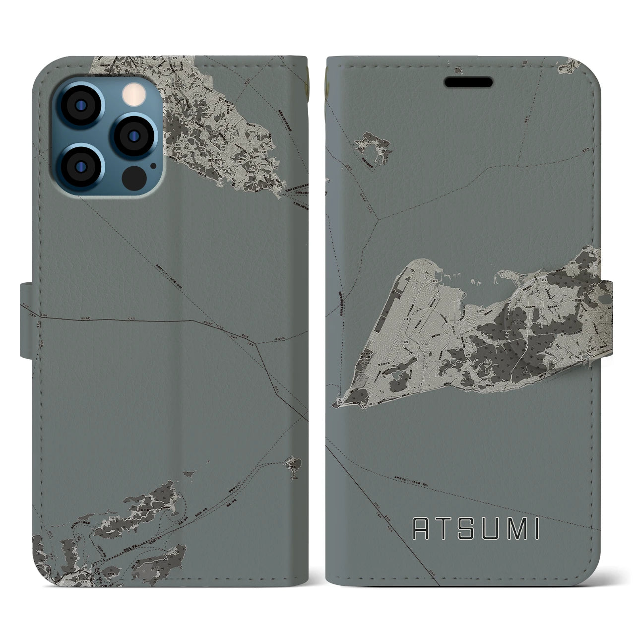 【渥美(愛知県)】地図柄iPhoneケース(手帳タイプ)モノトーン・iPhone 12 / 12 Pro 用