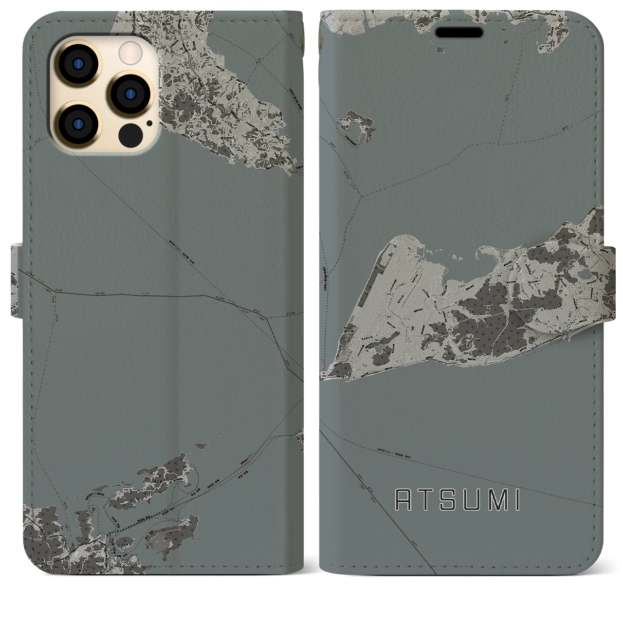 【渥美(愛知県)】地図柄iPhoneケース(手帳タイプ)モノトーン・iPhone 12 Pro Max 用