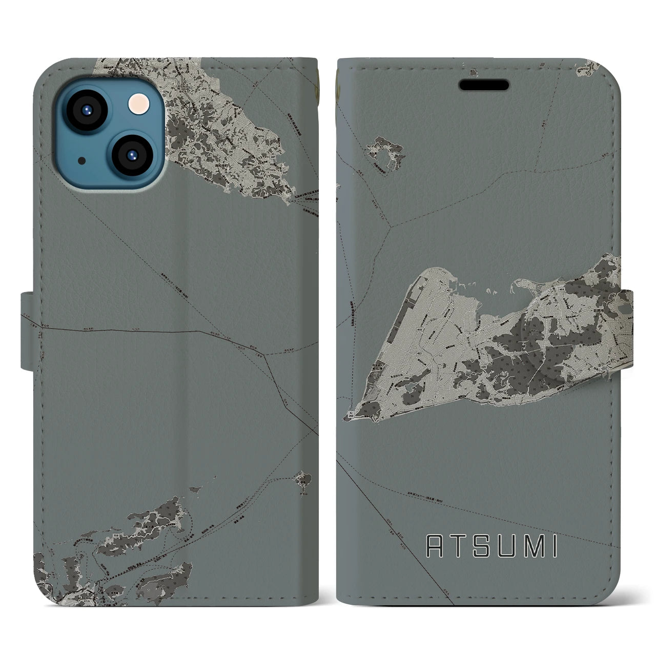 【渥美(愛知県)】地図柄iPhoneケース(手帳タイプ)モノトーン・iPhone 13 用