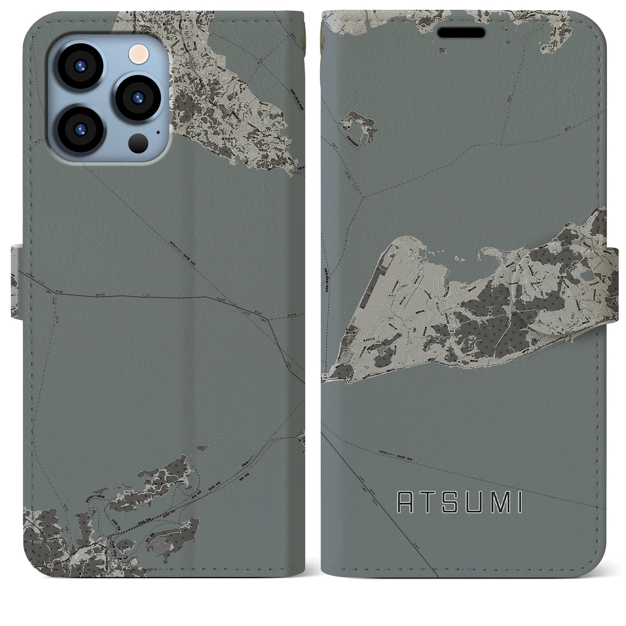 【渥美(愛知県)】地図柄iPhoneケース(手帳タイプ)モノトーン・iPhone 13 Pro Max 用